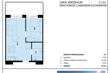 Rzut - Mieszkanie na sprzedaż 2 pokoje o powierzchni 35,31 m² - numer C.112 w Perłowa Przystań - Sianożęty - etap III
