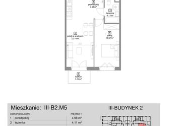 Rzut - Mieszkanie na sprzedaż 2 pokoje o powierzchni 44,9 m² - numer III-B2.M5 w Strefa Cegielnia 3