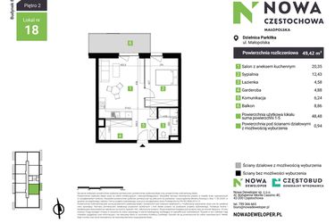 Rzut - Mieszkanie na sprzedaż 2 pokoje o powierzchni 49,42 m² - numer E18 w Nowa Częstochowa Małopolska etap II