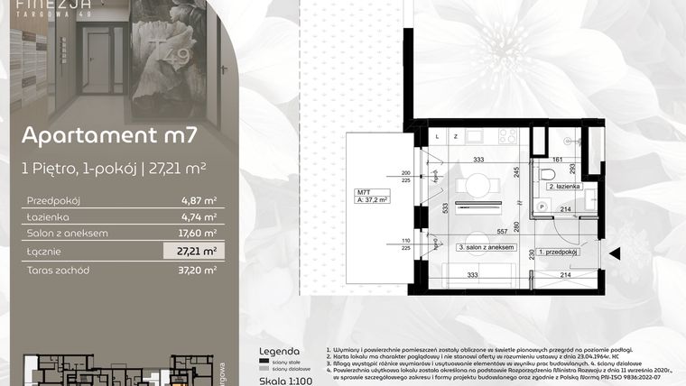 Rzut - Mieszkanie na sprzedaż 1 pokój o powierzchni 27,21 m² - numer M7 w Finezja Targowa 49
