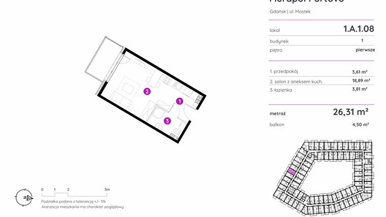 Rzut - Mieszkanie na sprzedaż 1 pokój o powierzchni 26,31 m² - numer 1.A.1.08 w Murapol Portovo etap II