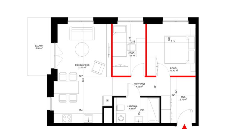 Rzut - Mieszkanie na sprzedaż 3 pokoje o powierzchni 57,97 m² - numer G.6.4 w INSPIRE ETAP V – bud. F, G