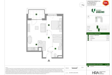 Rzut - Mieszkanie na sprzedaż 2 pokoje o powierzchni 41,29 m² - numer 1.3.C.12 w Osiedle Urbino