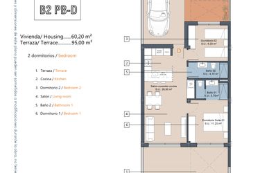 Rzut - Mieszkanie na sprzedaż 2 pokoje o powierzchni 60,2 m² - numer 2.0.D w LA Sunrise - Los Alcázares