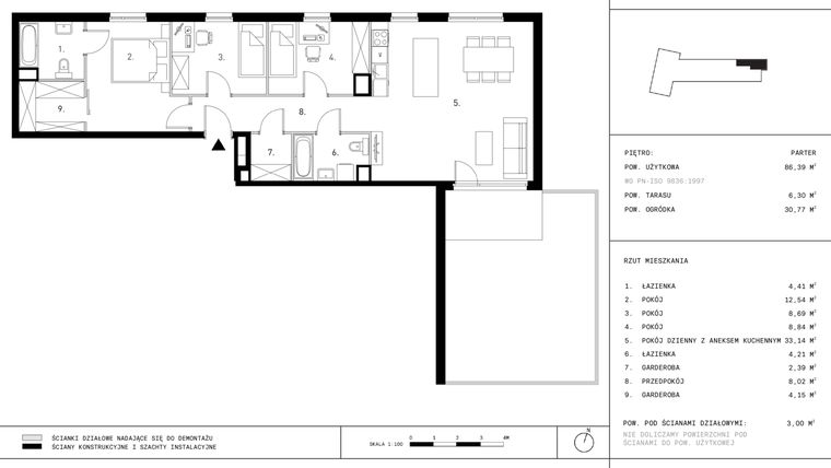Rzut - Mieszkanie na sprzedaż 5 pokoi o powierzchni 86,39 m² - numer G9.P0 w Podskarbińska 28