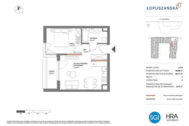 Rzut - Mieszkanie na sprzedaż 2 pokoje o powierzchni 43,17 m² - numer J.1.6 w Łopuszańska 47 - etap 3