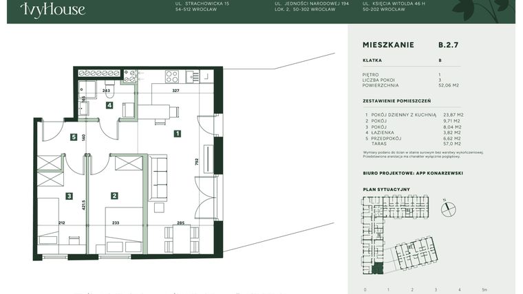 Rzut - Mieszkanie na sprzedaż 3 pokoje o powierzchni 52,06 m² - numer B.2.7 w IVY HOUSE