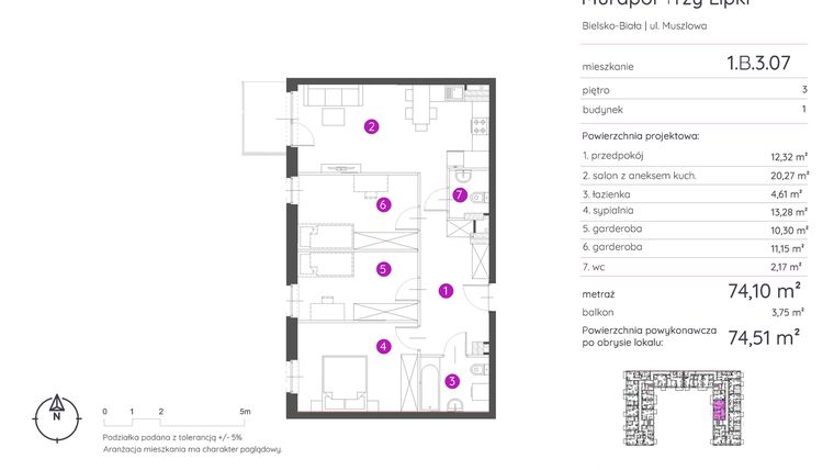 Rzut - Mieszkanie na sprzedaż 2 pokoje o powierzchni 74,51 m² - numer 1.B.3.07 w Murapol Trzy Lipki