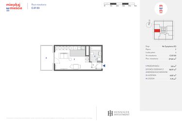 Rzut - Mieszkanie na sprzedaż 1 pokój o powierzchni 27,71 m² - numer C.07.03 w Mieszkaj w mieście - Na Tysiącleciu budynek C