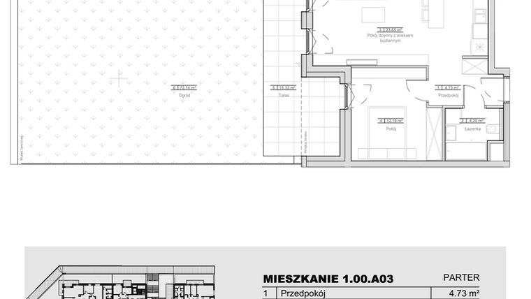 Rzut - Mieszkanie na sprzedaż 2 pokoje o powierzchni 44,76 m² - numer 1.00.A03 w Ogrody Andersa III