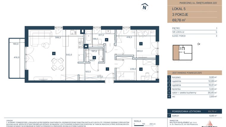 Rzut - Mieszkanie na sprzedaż 3 pokoje o powierzchni 69,78 m² - numer 5 w Classy Świętojańska