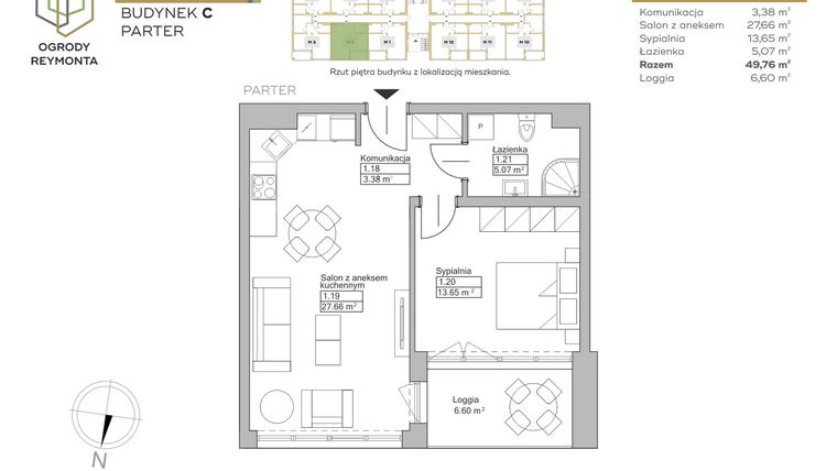 Rzut - Mieszkanie na sprzedaż 2 pokoje o powierzchni 49,76 m² - numer M2 w Ogrody Reymonta