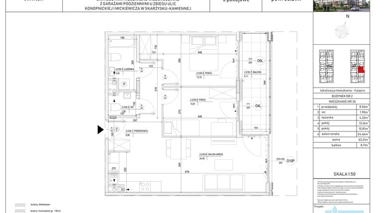 Rzut - Mieszkanie na sprzedaż 3 pokoje o powierzchni 63,21 m² - numer M-30 w Apartamenty Konopnickiej