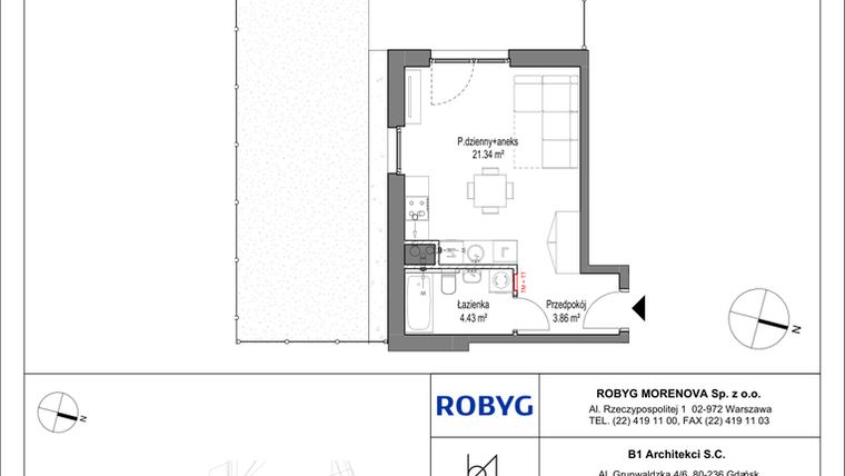 Rzut - Mieszkanie na sprzedaż 1 pokój o powierzchni 29,63 m² - numer A.0M03 w Leszczyńskich 2