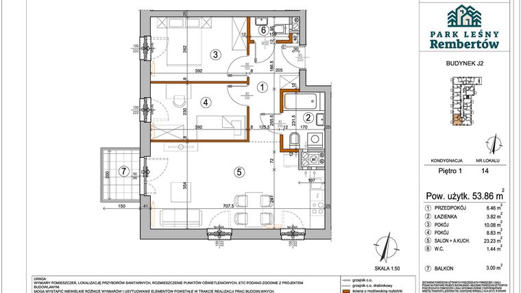 Rzut - Mieszkanie na sprzedaż 3 pokoje o powierzchni 53,86 m² - numer J2-14 w Park Leśny Rembertów etap VIII