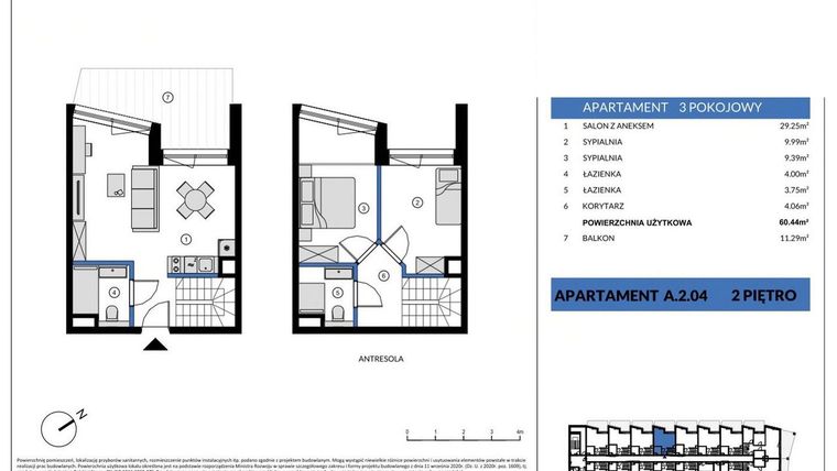 Rzut - Mieszkanie na sprzedaż 3 pokoje o powierzchni 60,44 m² - numer A.2.04 w Wind Yacht