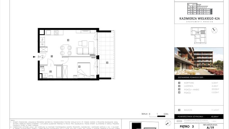 Rzut - Mieszkanie na sprzedaż 2 pokoje o powierzchni 43,84 m² - numer A/19 w Kazimierza Wielkiego 42A