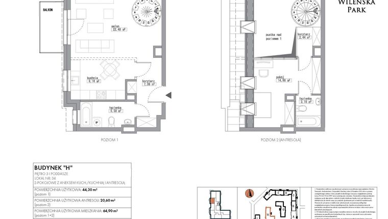 Rzut - Mieszkanie na sprzedaż 2 pokoje o powierzchni 64,9 m² - numer H34 w Wileńska Park