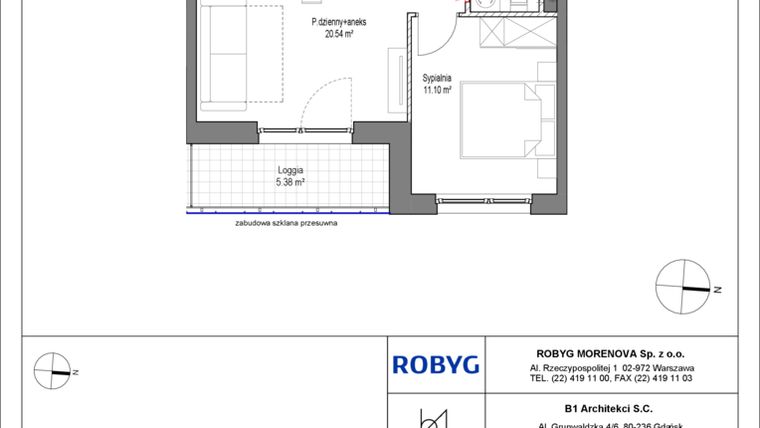 Rzut - Mieszkanie na sprzedaż 2 pokoje o powierzchni 39,03 m² - numer B.1M06 w Leszczyńskich 2