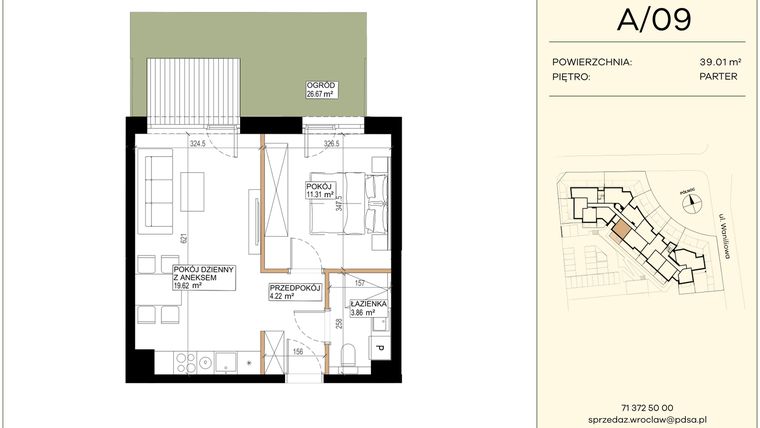 Rzut - Mieszkanie na sprzedaż 2 pokoje o powierzchni 39,01 m² - numer WA2/A/09 w Waniliowa