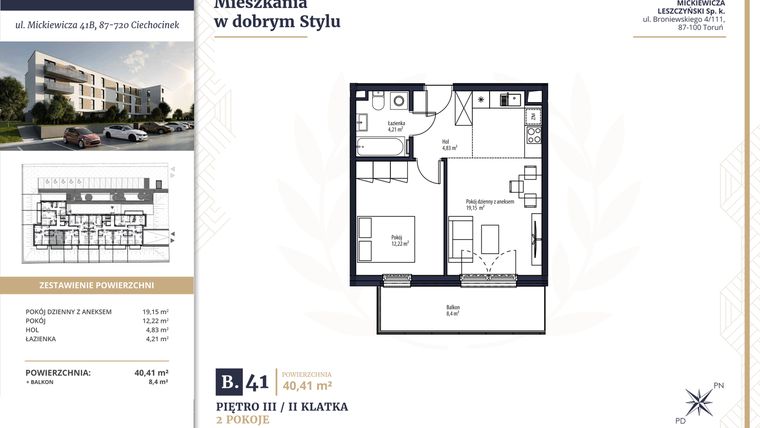Rzut - Mieszkanie na sprzedaż 2 pokoje o powierzchni 40,41 m² - numer B41 w Mickiewicza