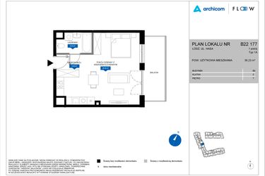 Rzut - Mieszkanie na sprzedaż 1 pokój o powierzchni 36,23 m² - numer B22 177 w Flow - bud. B2 A i bud. B2 B