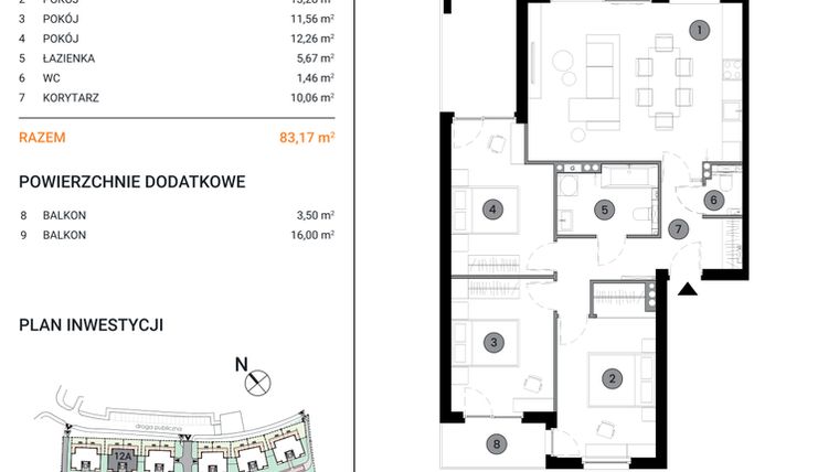 Rzut - Mieszkanie na sprzedaż 4 pokoje o powierzchni 83,17 m² - numer 12A.3 w Wille Miejskie Lekcyjna