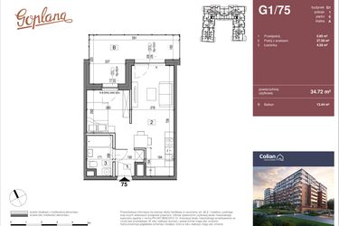 Rzut - Mieszkanie na sprzedaż 1 pokój o powierzchni 34,72 m² - numer G1/75 w Goplana budynek G
