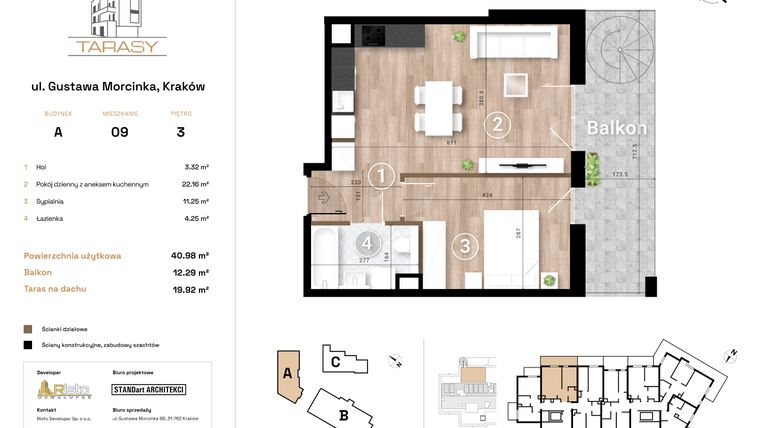Rzut - Mieszkanie na sprzedaż 2 pokoje o powierzchni 40,98 m² - numer A9 w Krzesławickie Tarasy