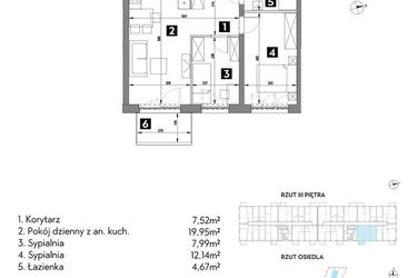 Rzut - Mieszkanie na sprzedaż 3 pokoje o powierzchni 52,23 m² - numer A2/3/10 w Metr Kwadrat