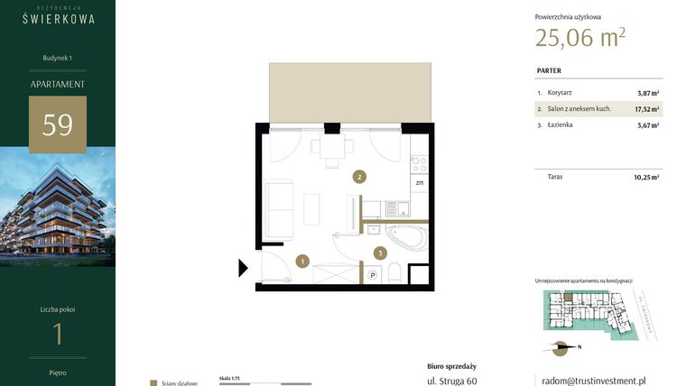 Rzut - Mieszkanie na sprzedaż 1 pokój o powierzchni 25,06 m² - numer 59 w Rezydencja Świerkowa