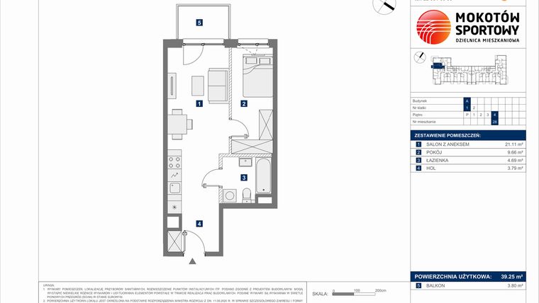 Rzut - Mieszkanie na sprzedaż 2 pokoje o powierzchni 39,25 m² - numer A.28 w Mokotów Sportowy 3.1