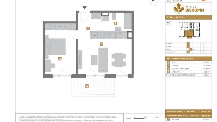 Rzut - Mieszkanie na sprzedaż 2 pokoje o powierzchni 44,6 m² - numer I.5 w Wille Biskupin II