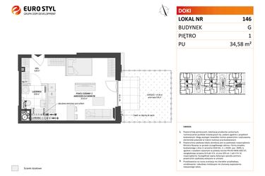 Rzut - Mieszkanie na sprzedaż 1 pokój o powierzchni 34,58 m² - numer G.146 w DOKI etap II (bud. G)