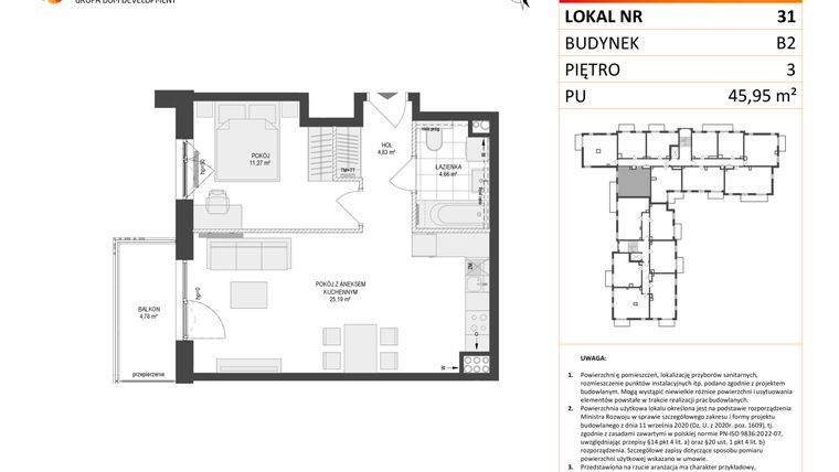 Rzut - Mieszkanie na sprzedaż 2 pokoje o powierzchni 45,95 m² - numer 31 w Locus 2 bud. B2
