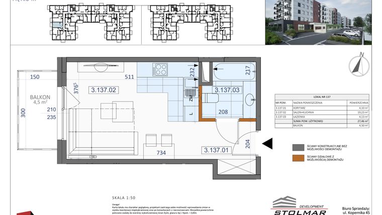 Rzut - Mieszkanie na sprzedaż 1 pokój o powierzchni 27,46 m² - numer 137 w Osiedle Zycha