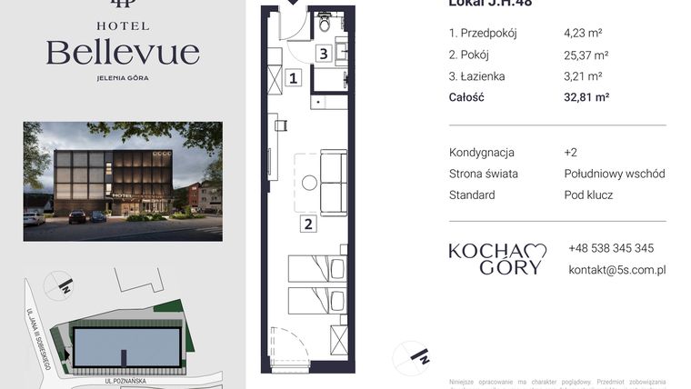 Rzut - Mieszkanie na sprzedaż 1 pokój o powierzchni 32,81 m² - numer 48 w Hotel Bellevue