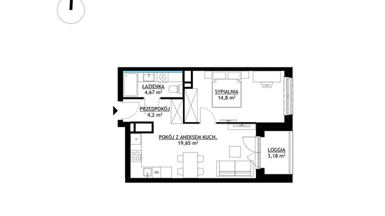 Rzut - Mieszkanie na sprzedaż 2 pokoje o powierzchni 43,32 m² - numer A26 w FUTURO