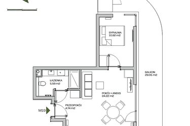 Rzut - Mieszkanie na sprzedaż 2 pokoje o powierzchni 45,44 m² - numer M19 w Zielona Marina - Apartamenty inwestycyjne