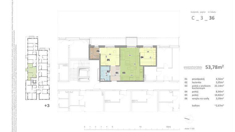 Rzut - Mieszkanie na sprzedaż 3 pokoje o powierzchni 53,78 m² - numer C.36 w Federowicza – Ruczaj Park