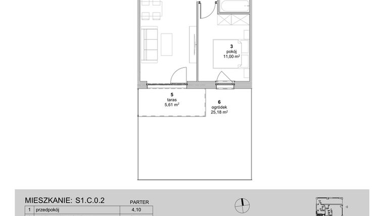 Rzut - Mieszkanie na sprzedaż 2 pokoje o powierzchni 41,27 m² - numer S1.C.0.2 w ATAL Idea Swarzędz II