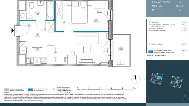 Rzut - Mieszkanie na sprzedaż 2 pokoje o powierzchni 42,63 m² - numer 35 w Nordic Górka Narodowa