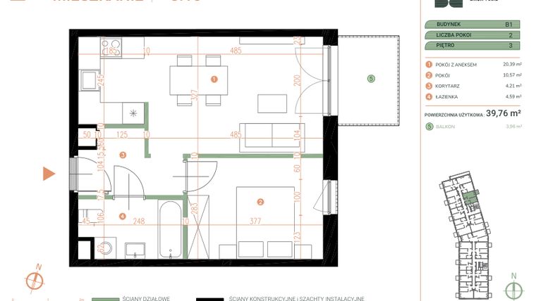 Rzut - Mieszkanie na sprzedaż 2 pokoje o powierzchni 39,76 m² - numer M.03.15 w Casa Feliz Portowa II