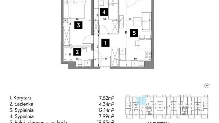 Rzut - Mieszkanie na sprzedaż 3 pokoje o powierzchni 51,95 m² - numer A1/1/6 w Metr Kwadrat