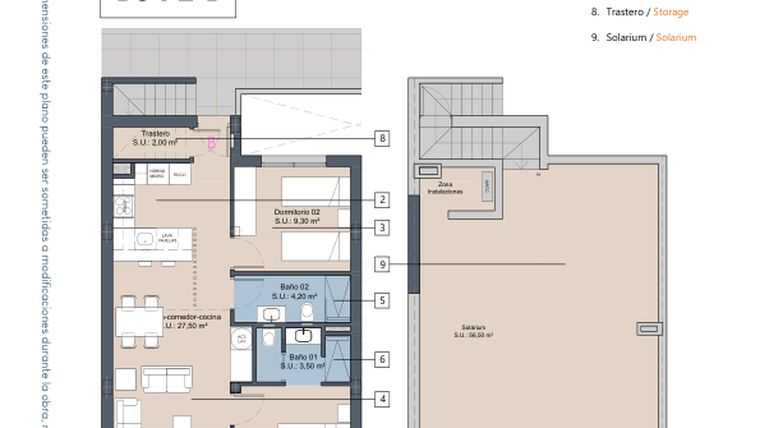 Rzut - Mieszkanie na sprzedaż 2 pokoje o powierzchni 64,6 m² - numer 3.2.B w LA Sunrise - Los Alcázares