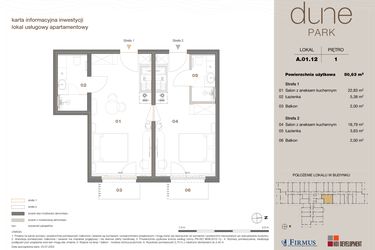 Rzut - Mieszkanie na sprzedaż 2 pokoje o powierzchni 50,63 m² - numer A 01.12 w DUNE Park