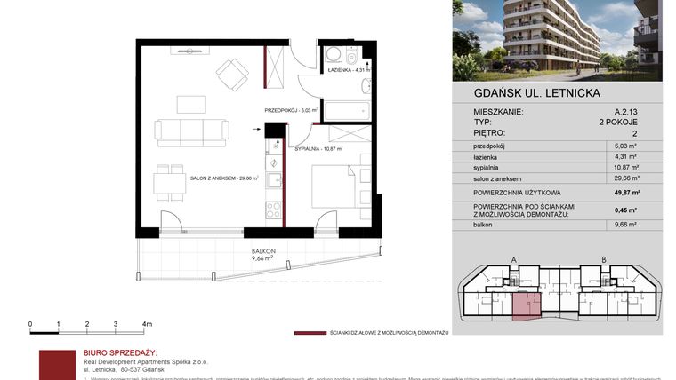 Rzut - Mieszkanie na sprzedaż 2 pokoje o powierzchni 49,87 m² - numer A.2.13 w Letnicka Residence