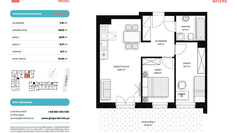 Rzut - Mieszkanie na sprzedaż 3 pokoje o powierzchni 48,46 m² - numer M III.0.2 w Glogera Bricks