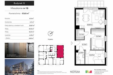 Rzut - Mieszkanie na sprzedaż 3 pokoje o powierzchni 57,63 m² - numer M16 w Novum Rumia - bud. 15