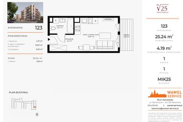 Rzut - Mieszkanie na sprzedaż 1 pokój o powierzchni 25,24 m² - numer 123 w Mikusińskiego 25